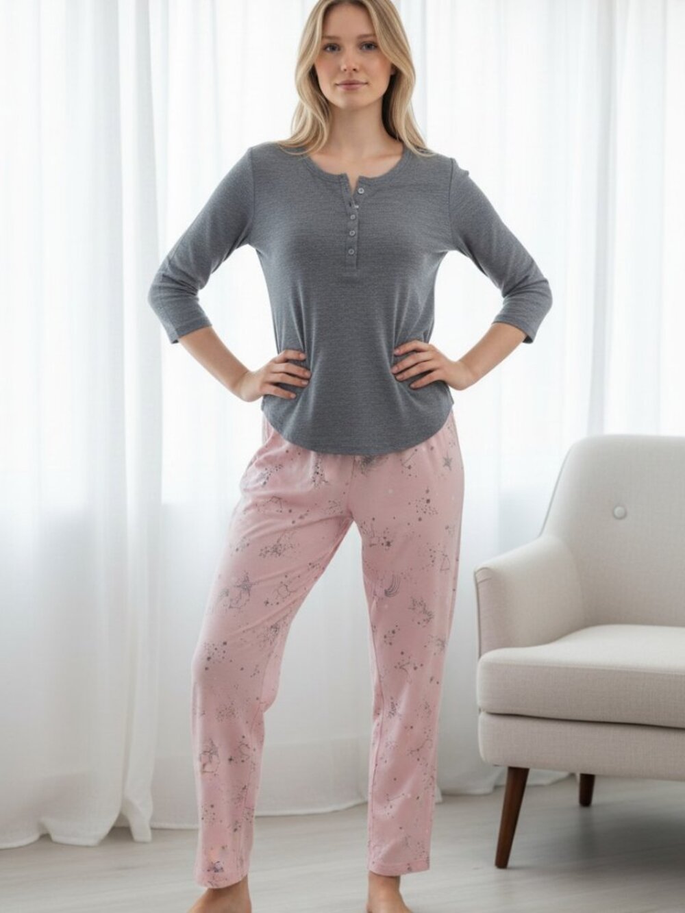 Women’s Two-Piece Pajama Set in Gray and Pink